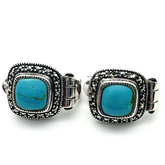 Turquoise Stud Earrings Southwestern Style Marked Sterling Silver 925 - Picture 2 of 6